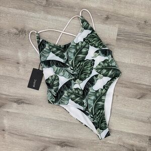 AURIC Tropical Radness Banana Leaf Chardonnay One piece Swimsuit Small